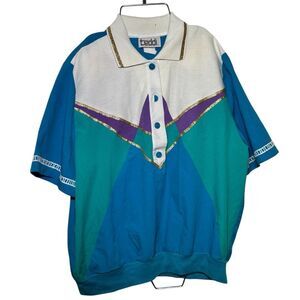 Teddi Vintage 80’s White and Teal Half Button Up Shirt with Shoulder Pads